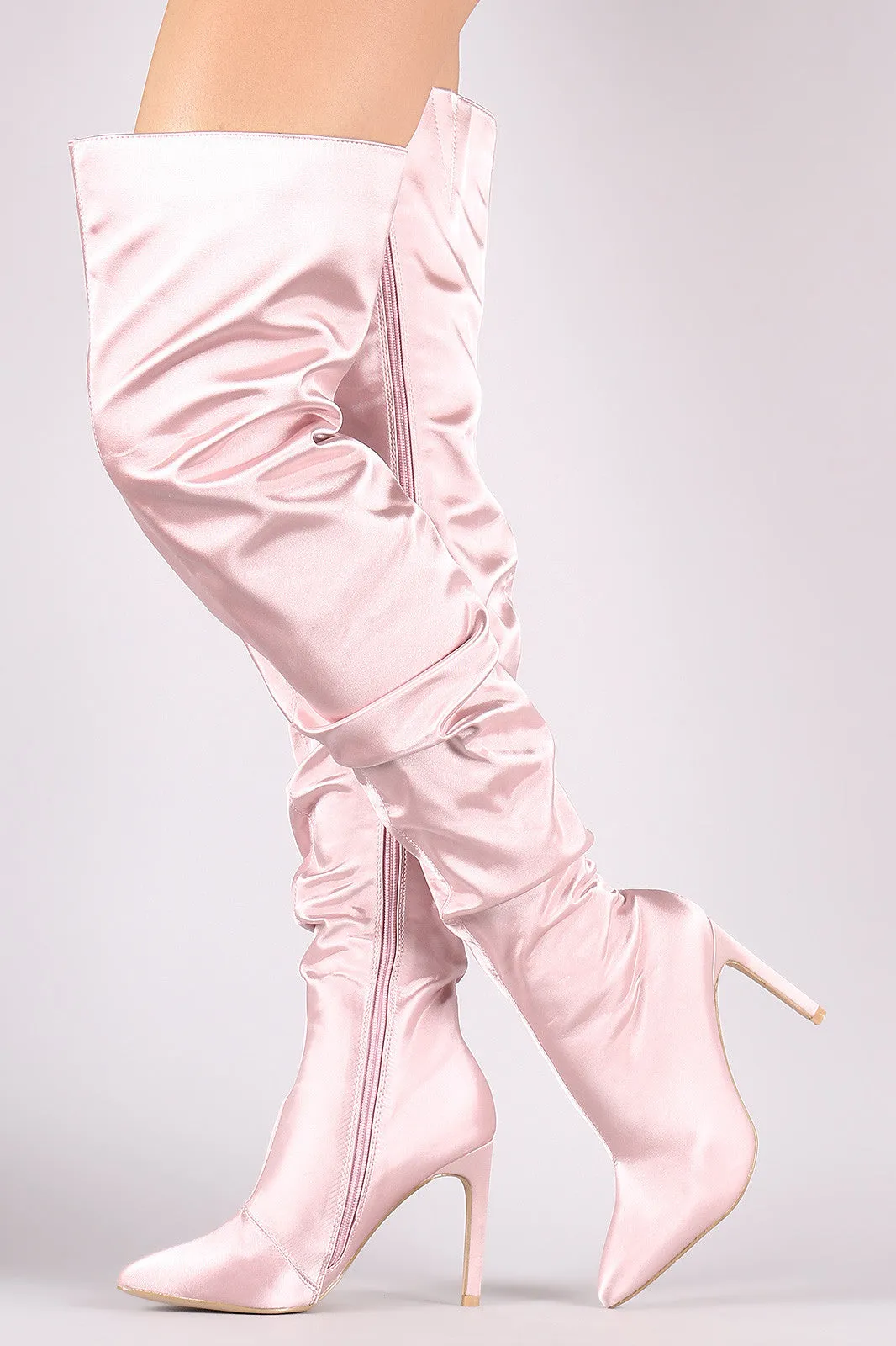 Slouchy Satin Pointy Toe Stiletto Over-The-Knee Boots