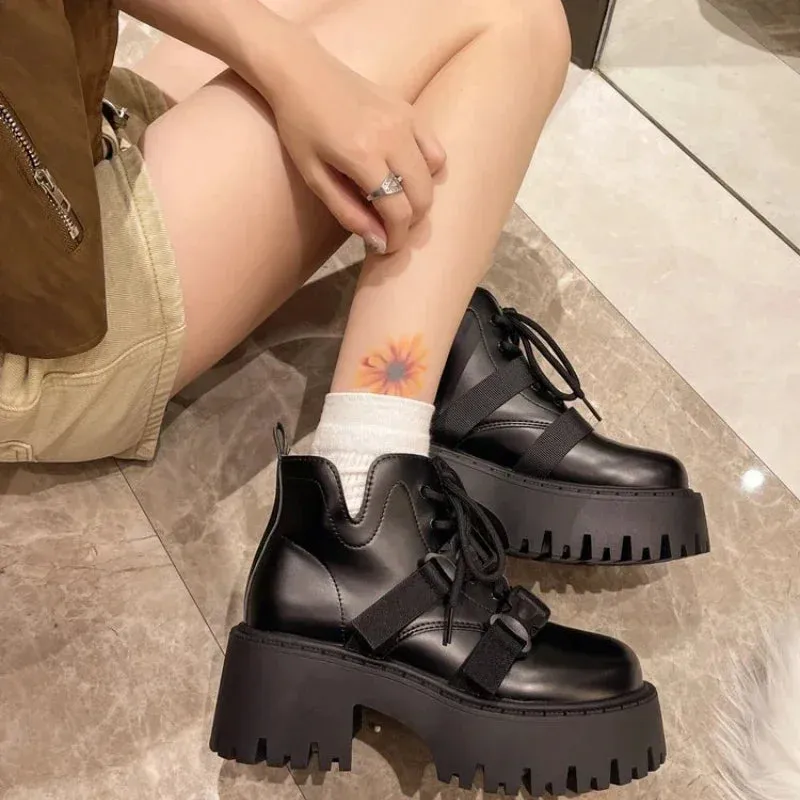 Sohiwoo Chunky Black Platform Casual Women's Ankle Boots 2024 New Designer Autumn Winter British Style Platform Boots Shoes for Women