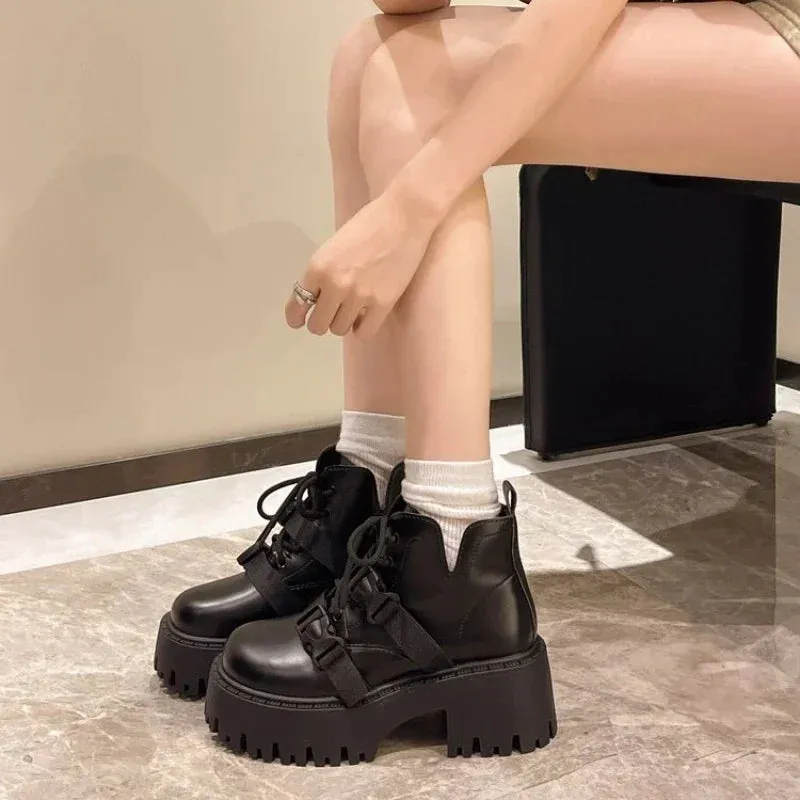 Sohiwoo Chunky Black Platform Casual Women's Ankle Boots 2024 New Designer Autumn Winter British Style Platform Boots Shoes for Women