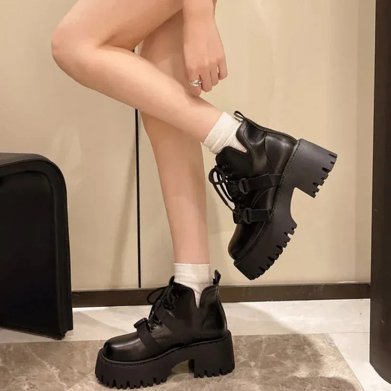 Sohiwoo Chunky Black Platform Casual Women's Ankle Boots 2024 New Designer Autumn Winter British Style Platform Boots Shoes for Women