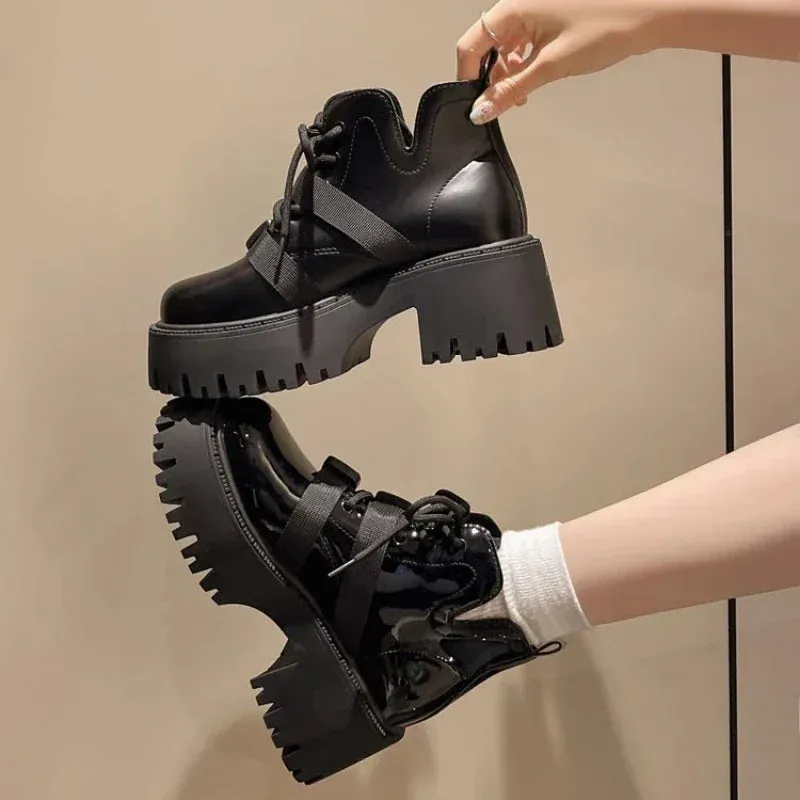 Sohiwoo Chunky Black Platform Casual Women's Ankle Boots 2024 New Designer Autumn Winter British Style Platform Boots Shoes for Women