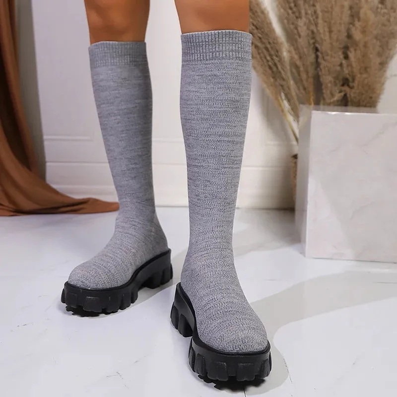 Sohiwoo Fashion Platform Thigh High Boots Women Autumn Winter Slip On Knitted Sock Boots Women Thick Bottom Knee Long Botas Mujer