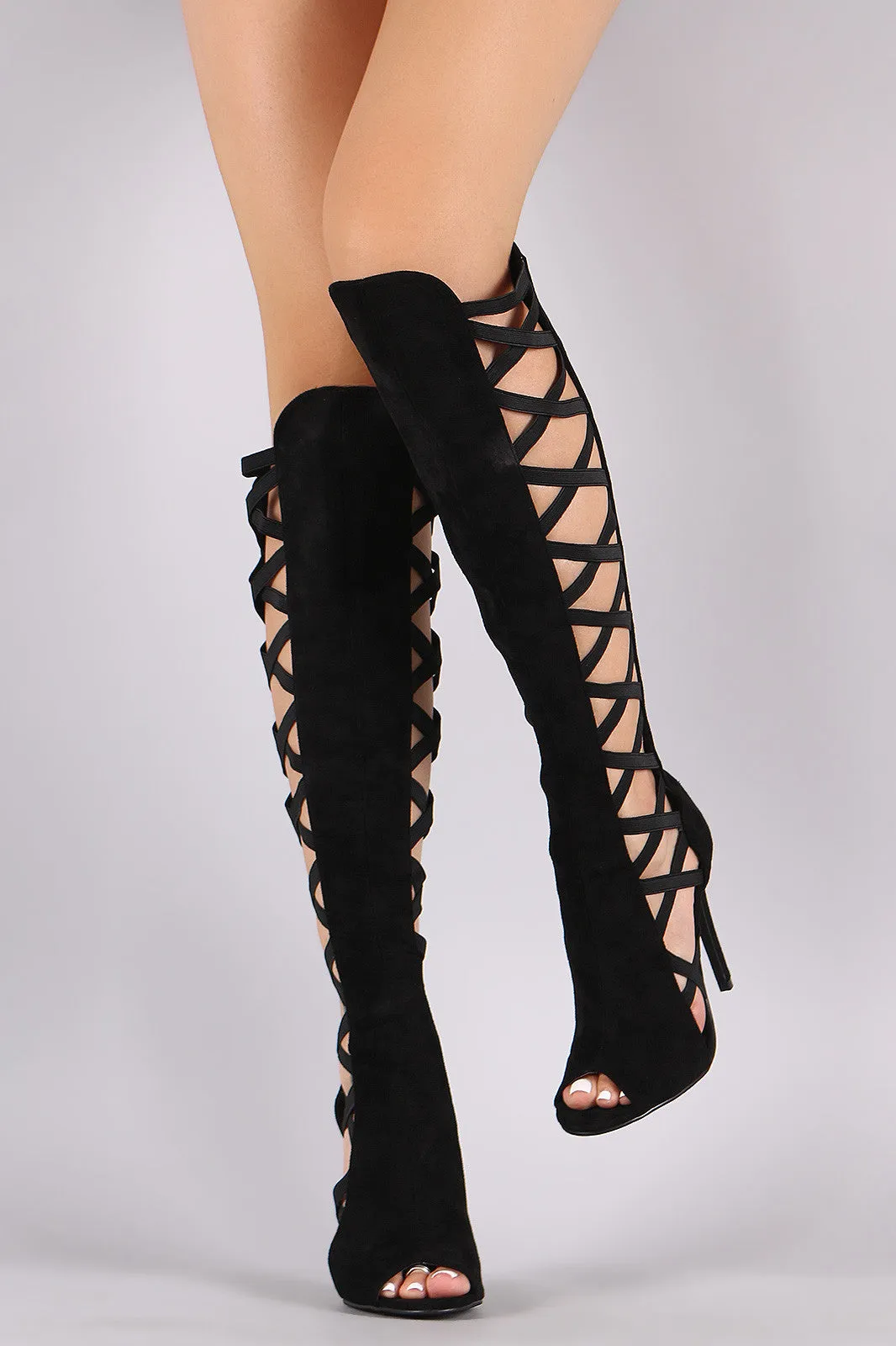 Suede Crisscross Elastic Peep Toe Stiletto Boots