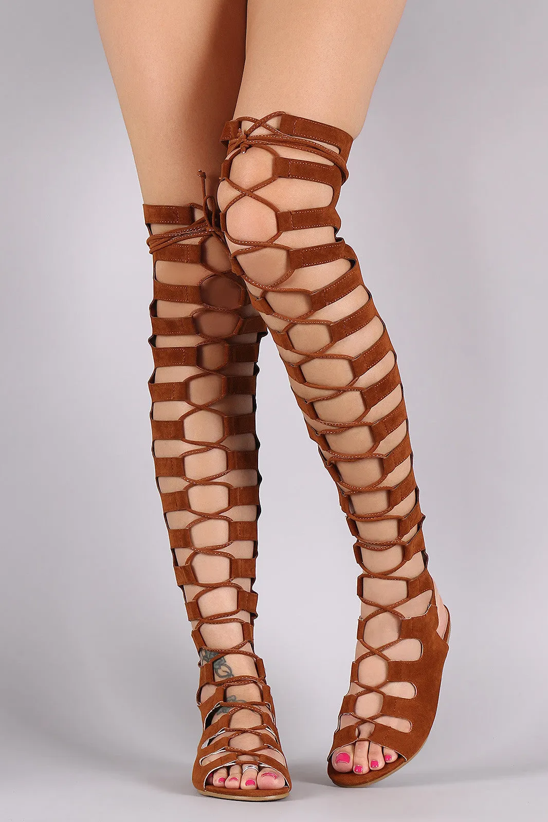 Suede Cutout Lace Up Boot Sandal