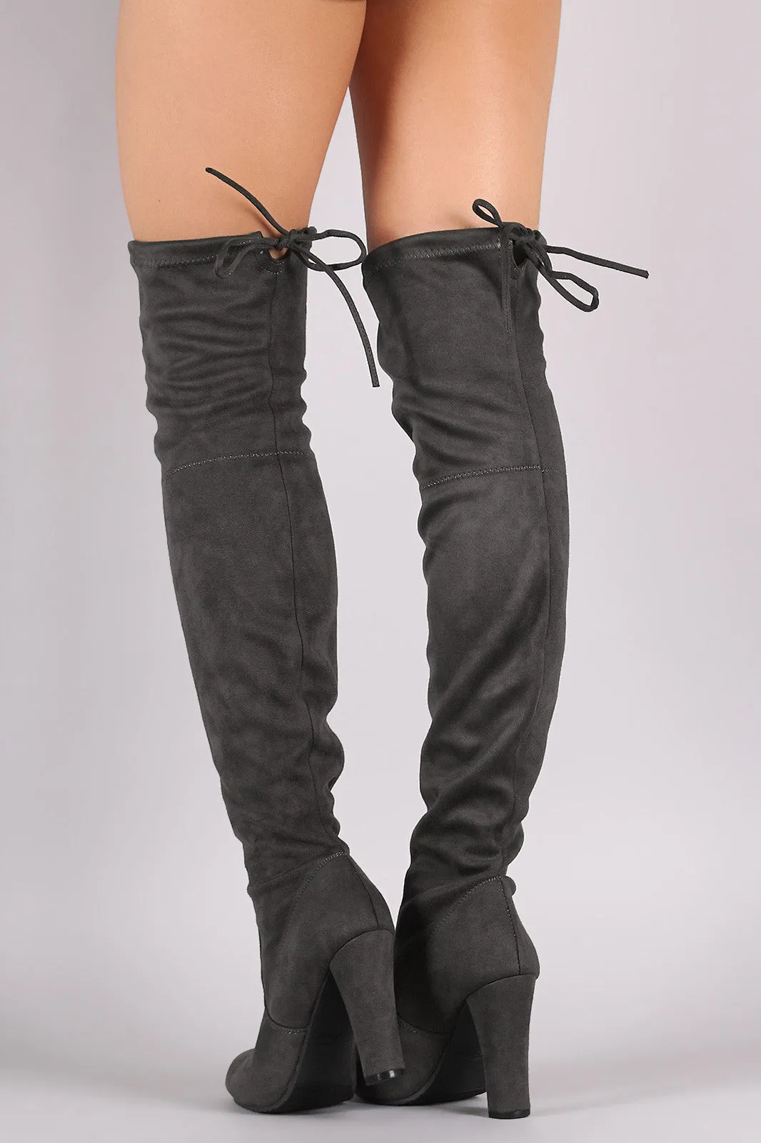 Suede Drawstring Tie Almond Toe Heeled Boots