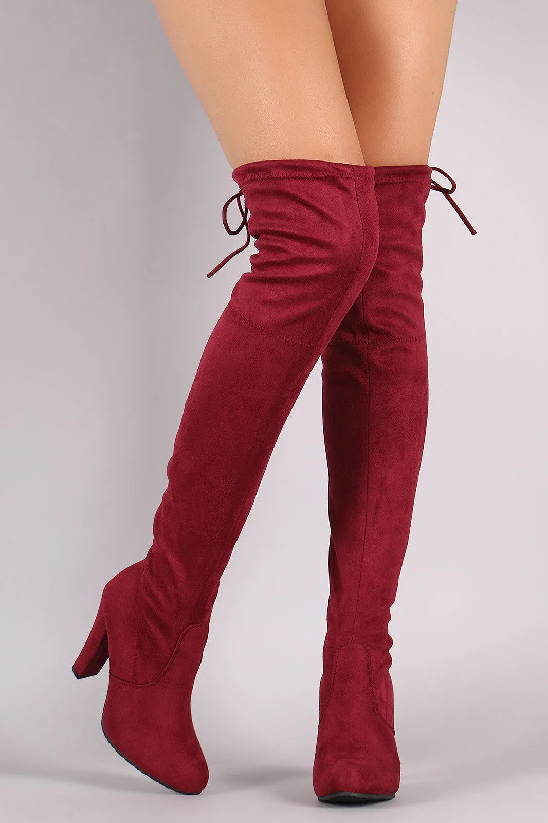 Suede Drawstring Tie Almond Toe Heeled Boots