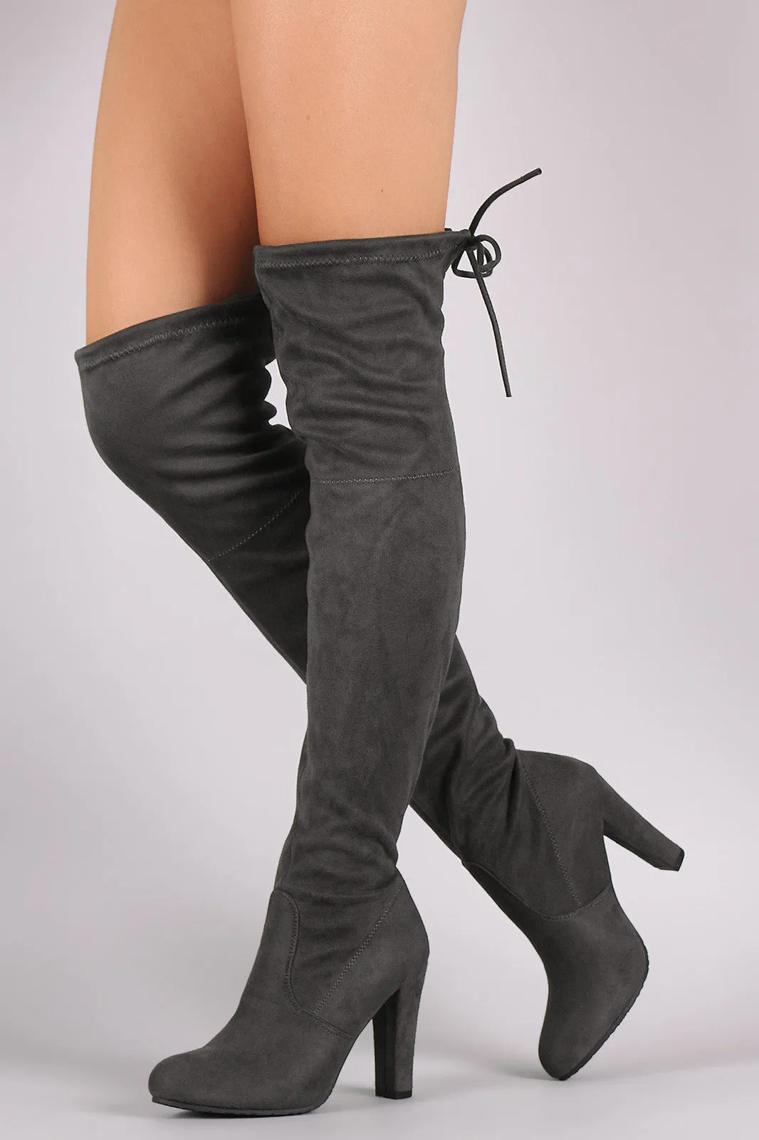 Suede Drawstring Tie Almond Toe Heeled Boots