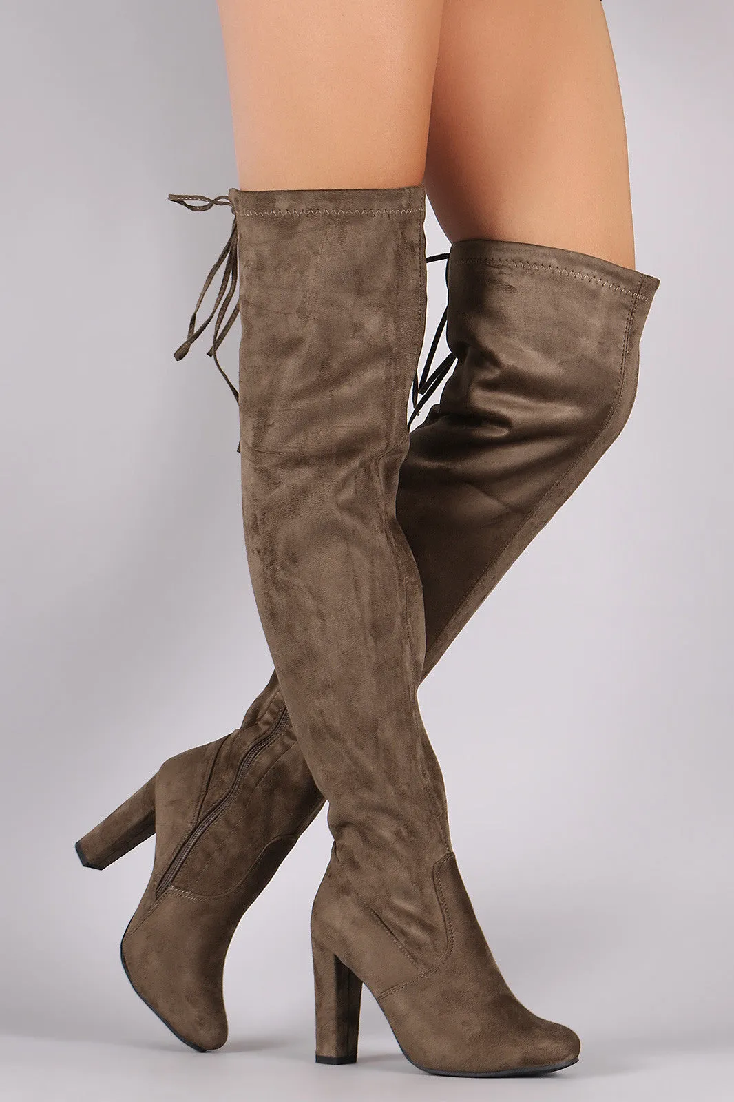 Suede Drawstring-Tie Thick Heeled Over-The-Knee Boots