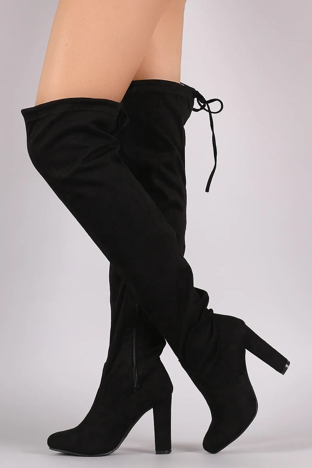 Suede Drawstring-Tie Thick Heeled Over-The-Knee Boots