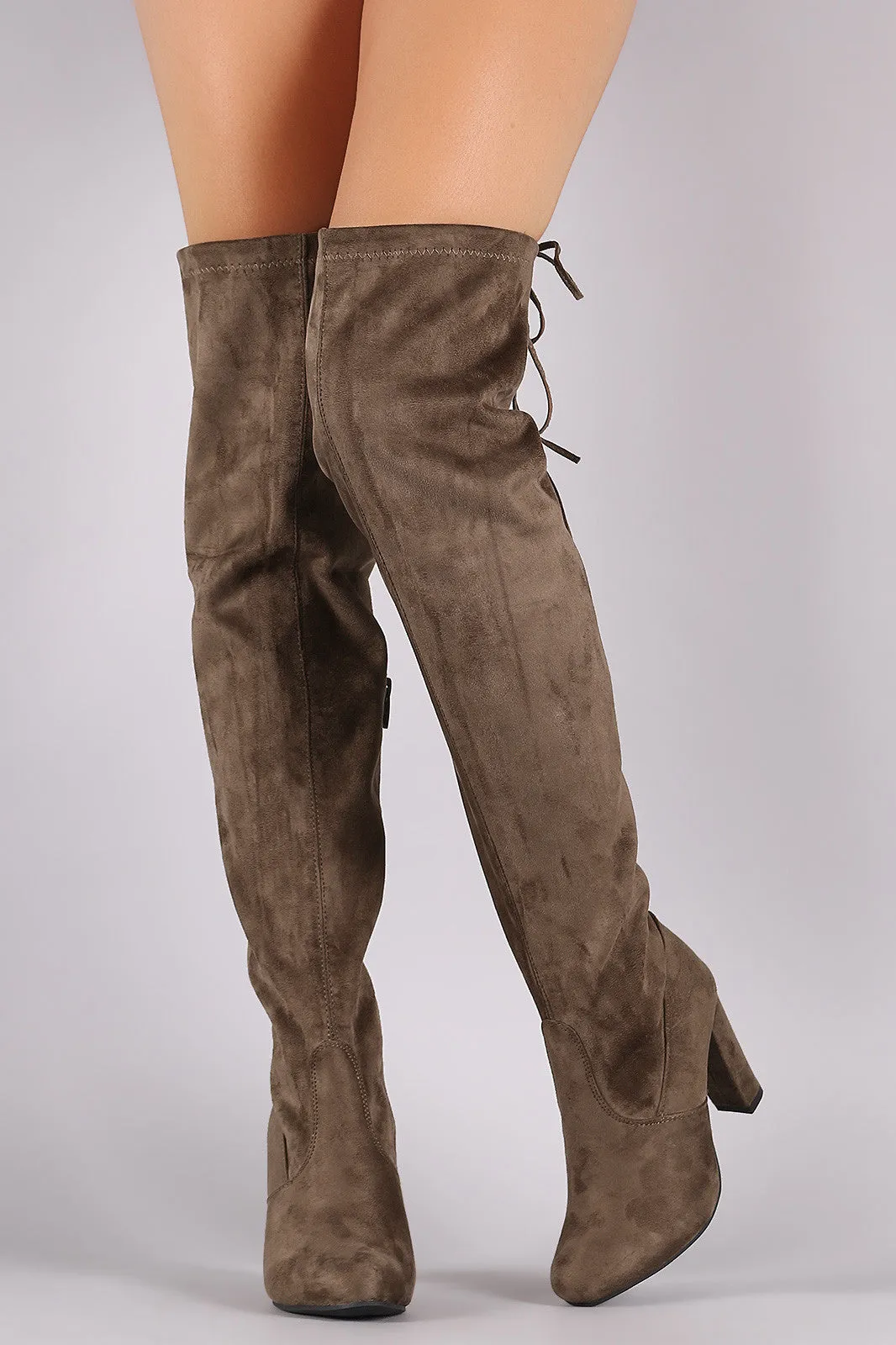 Suede Drawstring-Tie Thick Heeled Over-The-Knee Boots