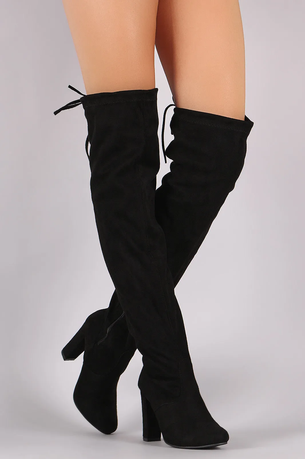 Suede Drawstring-Tie Thick Heeled Over-The-Knee Boots