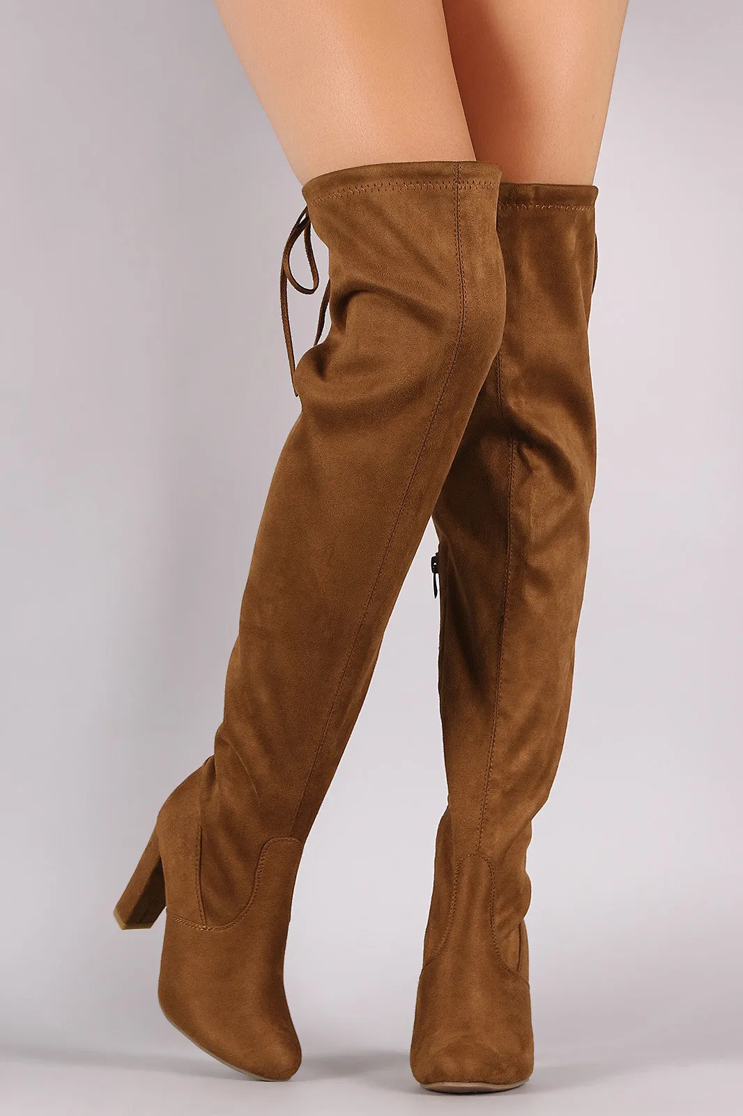 Suede Drawstring-Tie Thick Heeled Over-The-Knee Boots