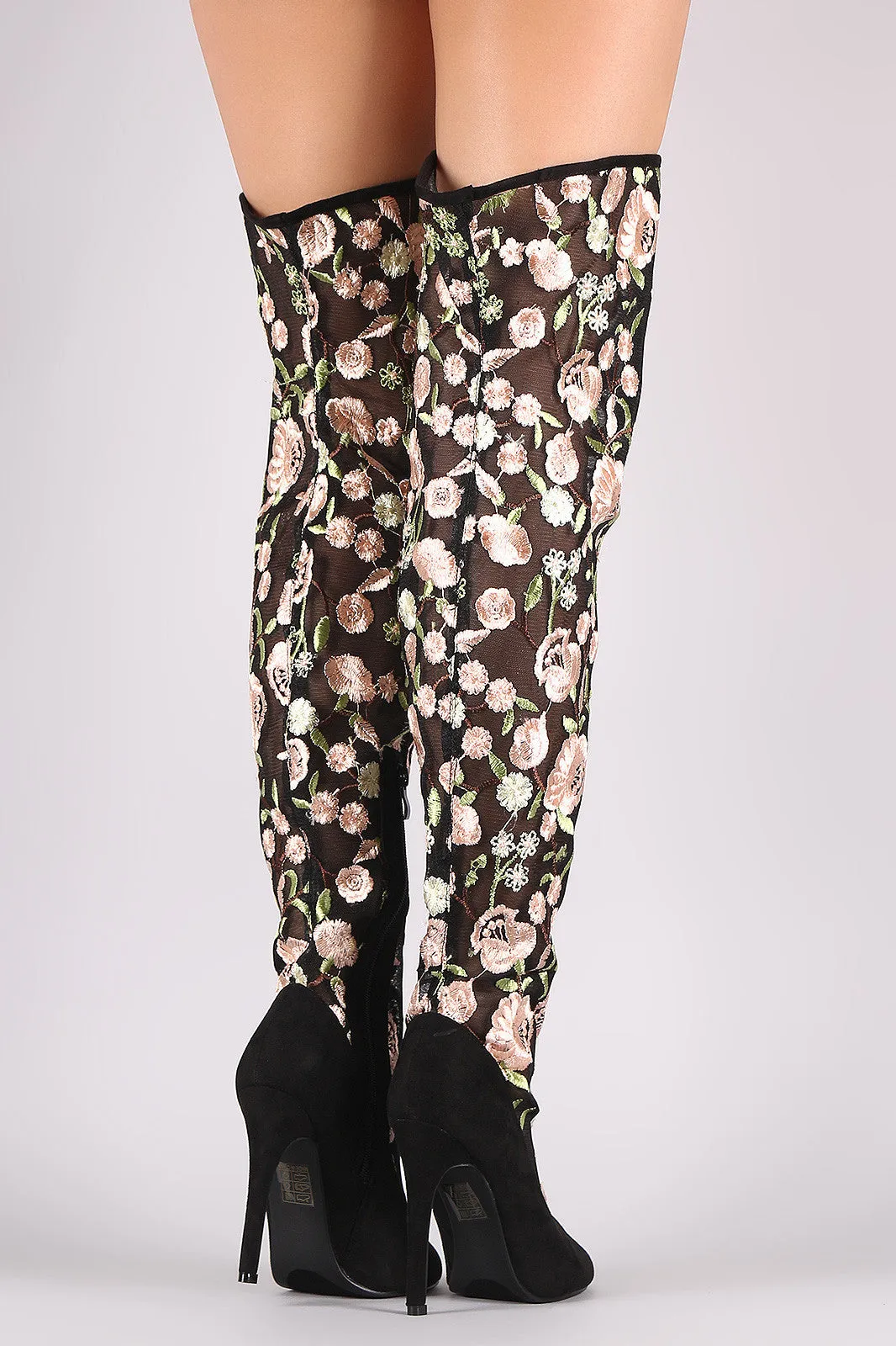 Suede Floral Embroidery Mesh Stiletto Over-The-Knee Boots