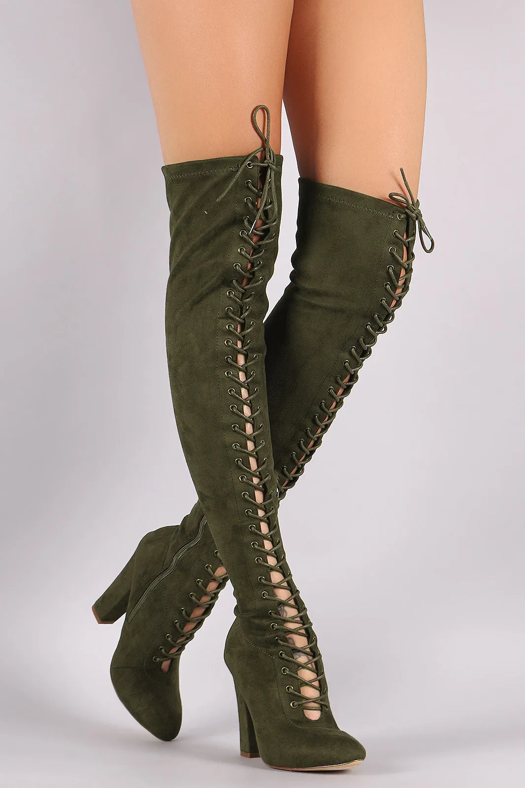 Suede Lace Up Almond Toe Chunky Heeled Over-The-Knee Boots