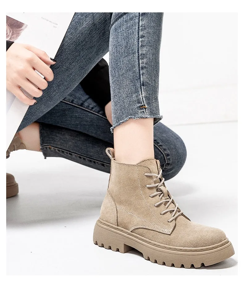 Suede Leather Women Flat Platform Short Ankle Boots