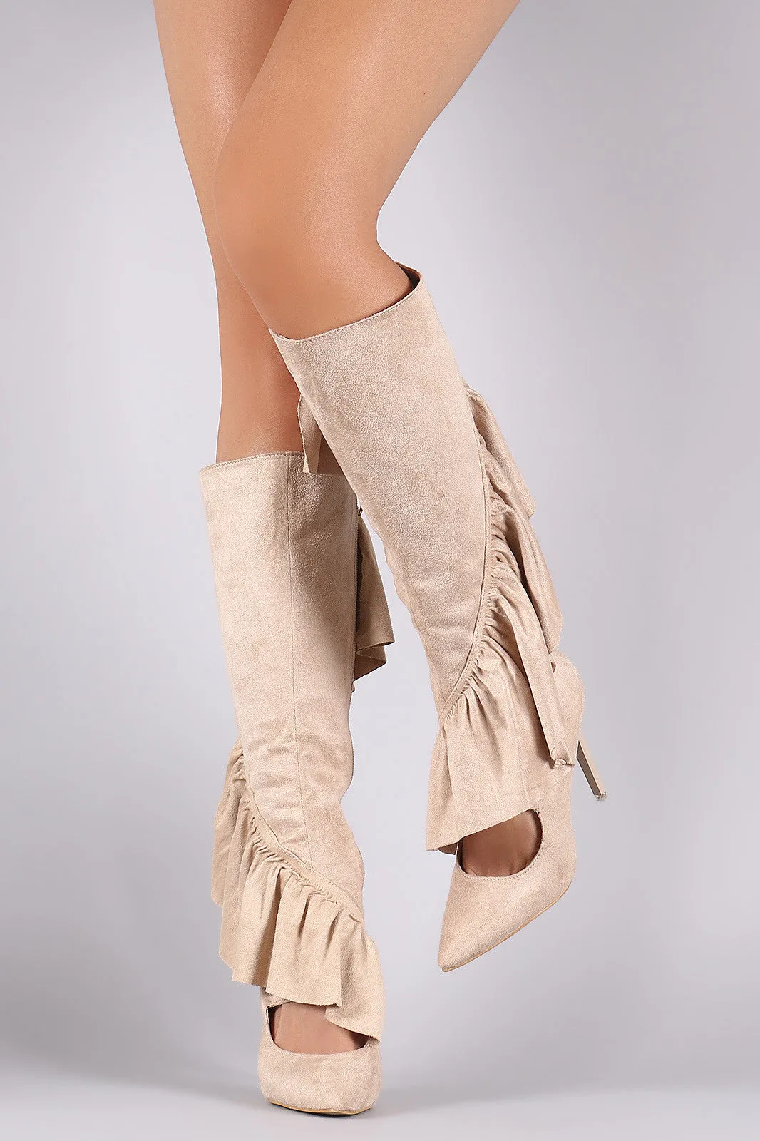 Suede Ruffle Pointy Toe Cutout Knee High Boots