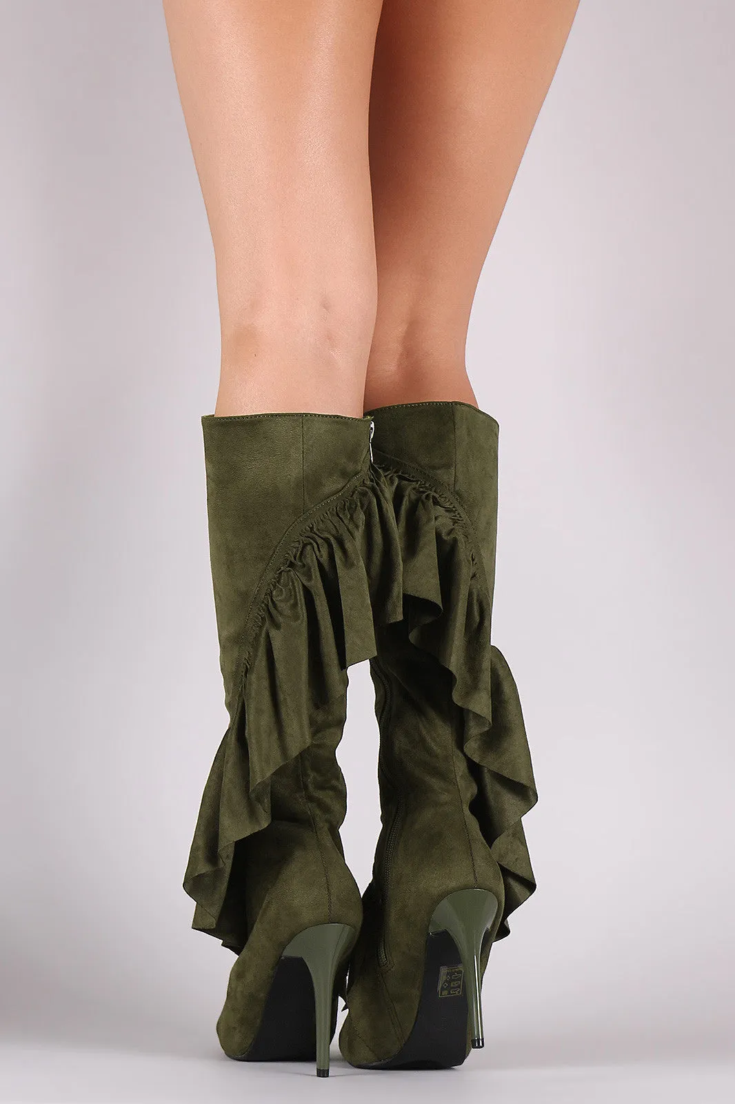 Suede Ruffle Pointy Toe Cutout Knee High Boots