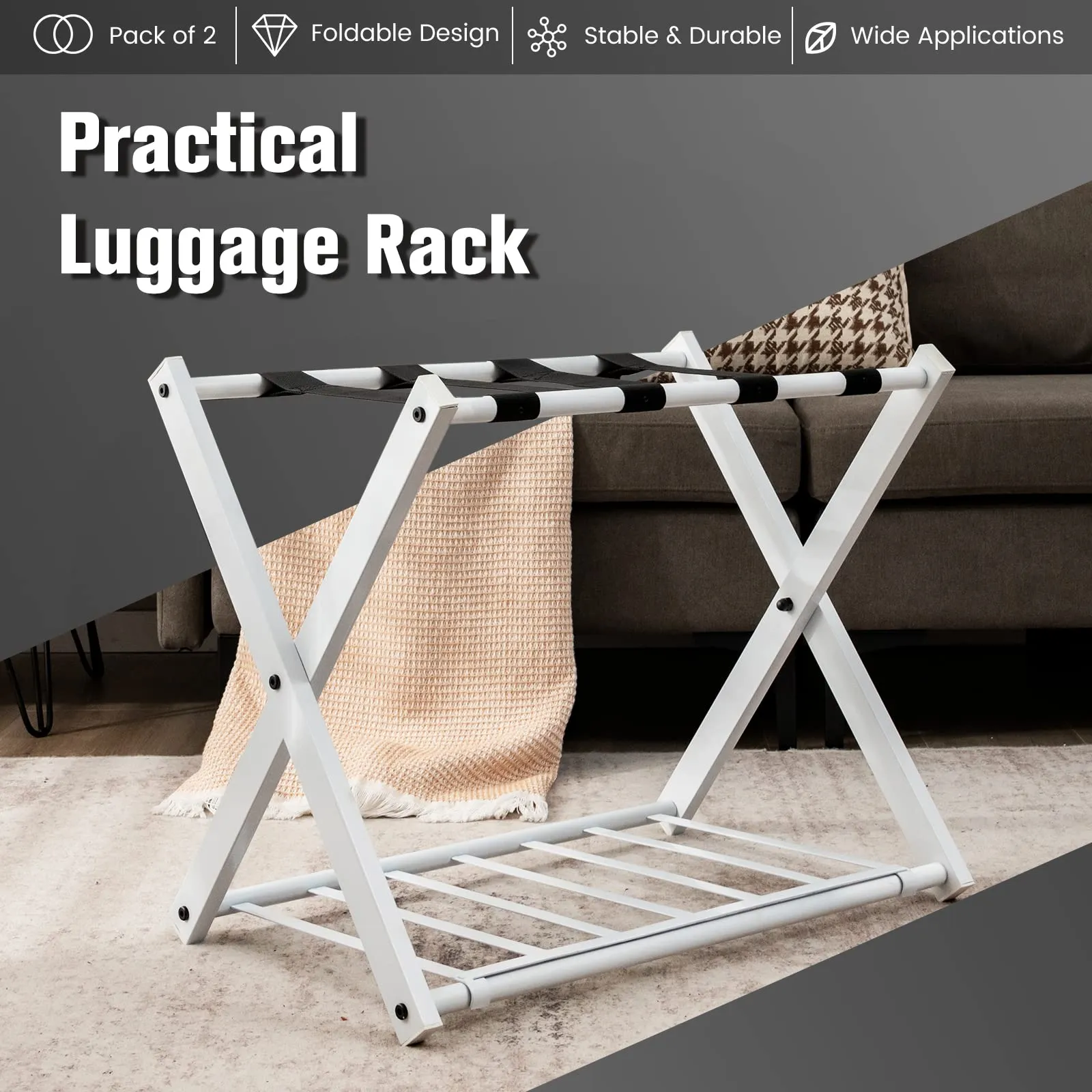 Tangkula Luggage Rack , Folding Metal Suitcase Luggage Stand, Double Tiers Luggage Holder with Shoe Shelf