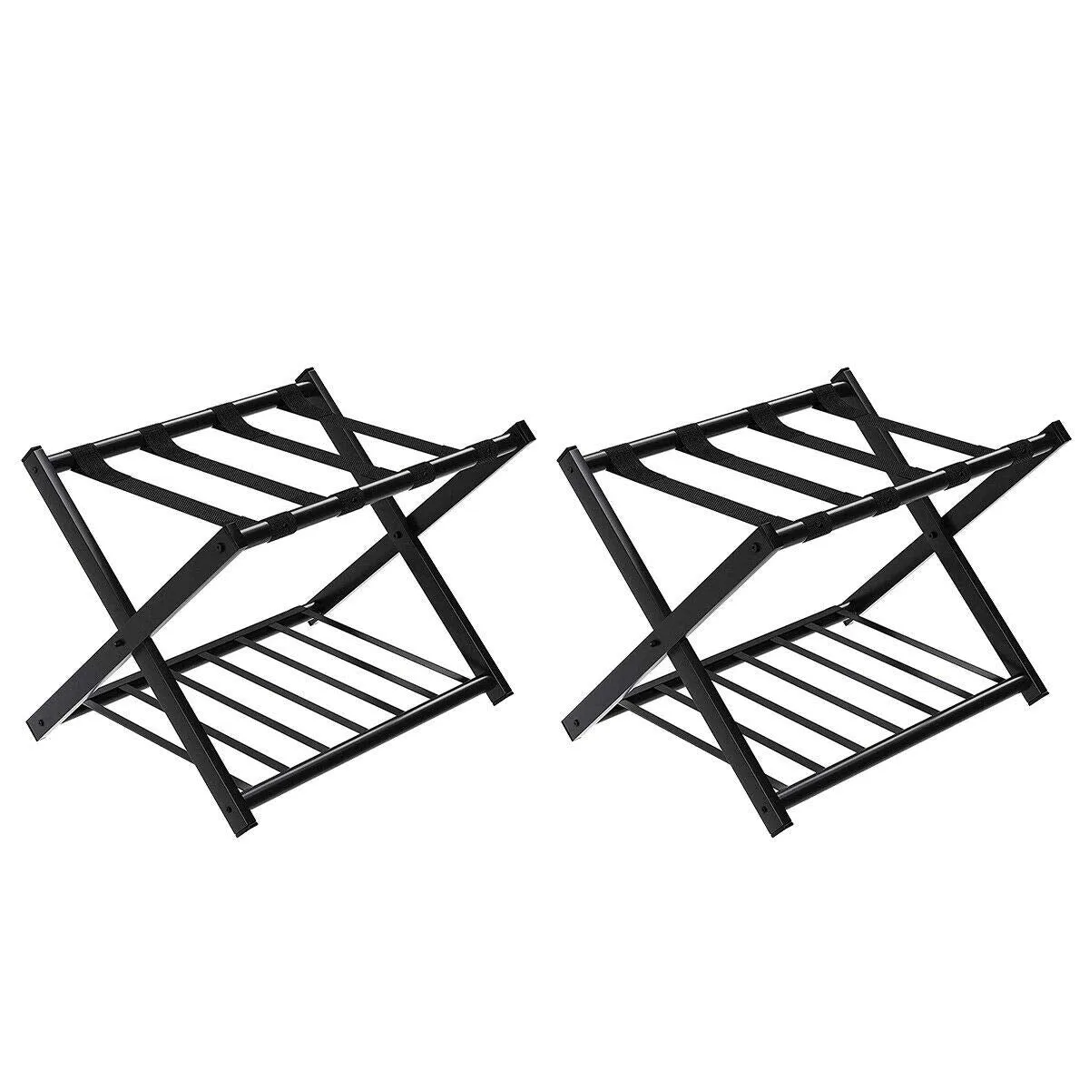 Tangkula Luggage Rack , Folding Metal Suitcase Luggage Stand, Double Tiers Luggage Holder with Shoe Shelf