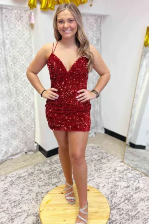 Tie Back Red Sequins Bodycon Homecoming Dress