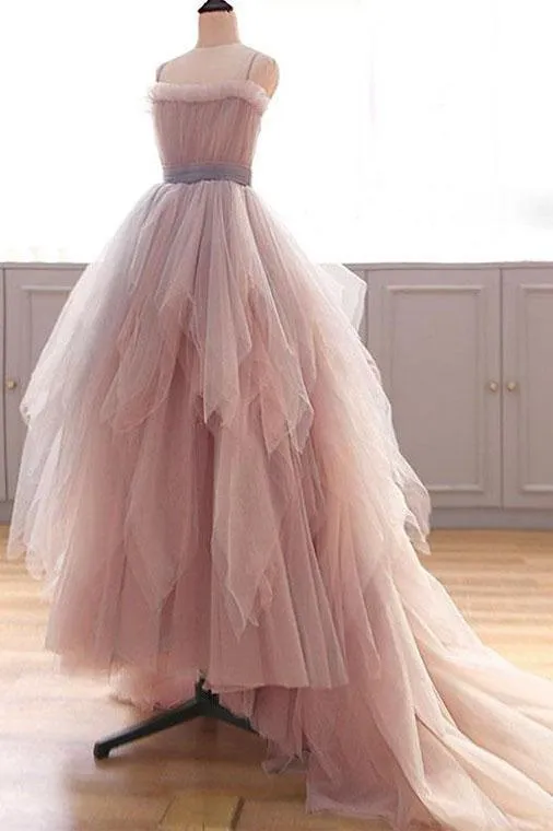 Vintage A Line Spaghetti Straps Blush Prom Dresses, Puffy Ruffles Party Dresses UQ2468