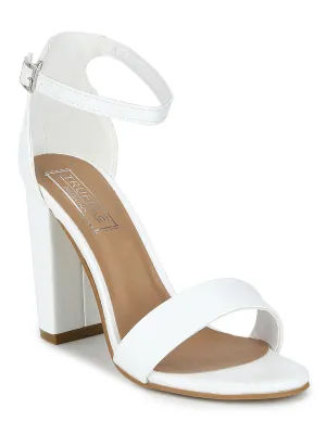 White PU Weave Block Heel Sandals