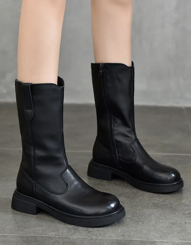 Winter Autumn Round Toe Long Leather Boots for Women