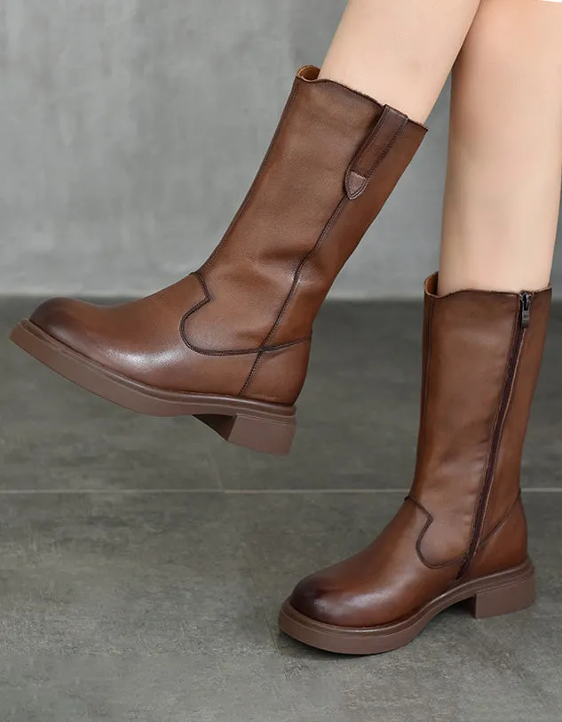 Winter Autumn Round Toe Long Leather Boots for Women