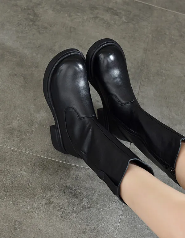 Winter Autumn Round Toe Long Leather Boots for Women