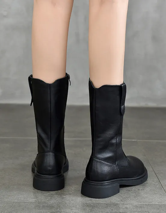 Winter Autumn Round Toe Long Leather Boots for Women