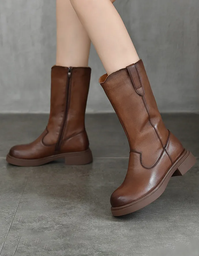 Winter Autumn Round Toe Long Leather Boots for Women