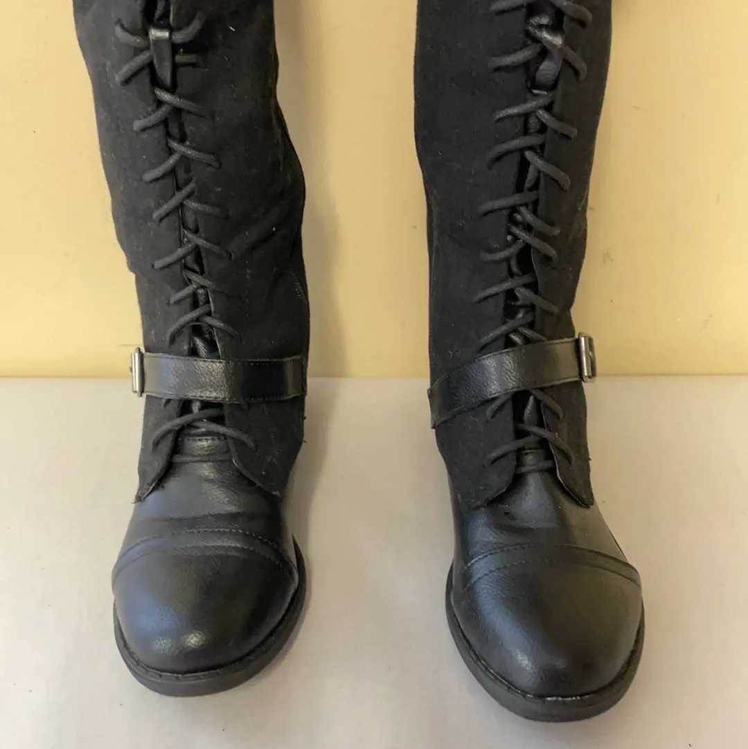 Womens Black Faux Suede Knee High Boots Montana 65 Sz 6 Side Zipper Lace Up