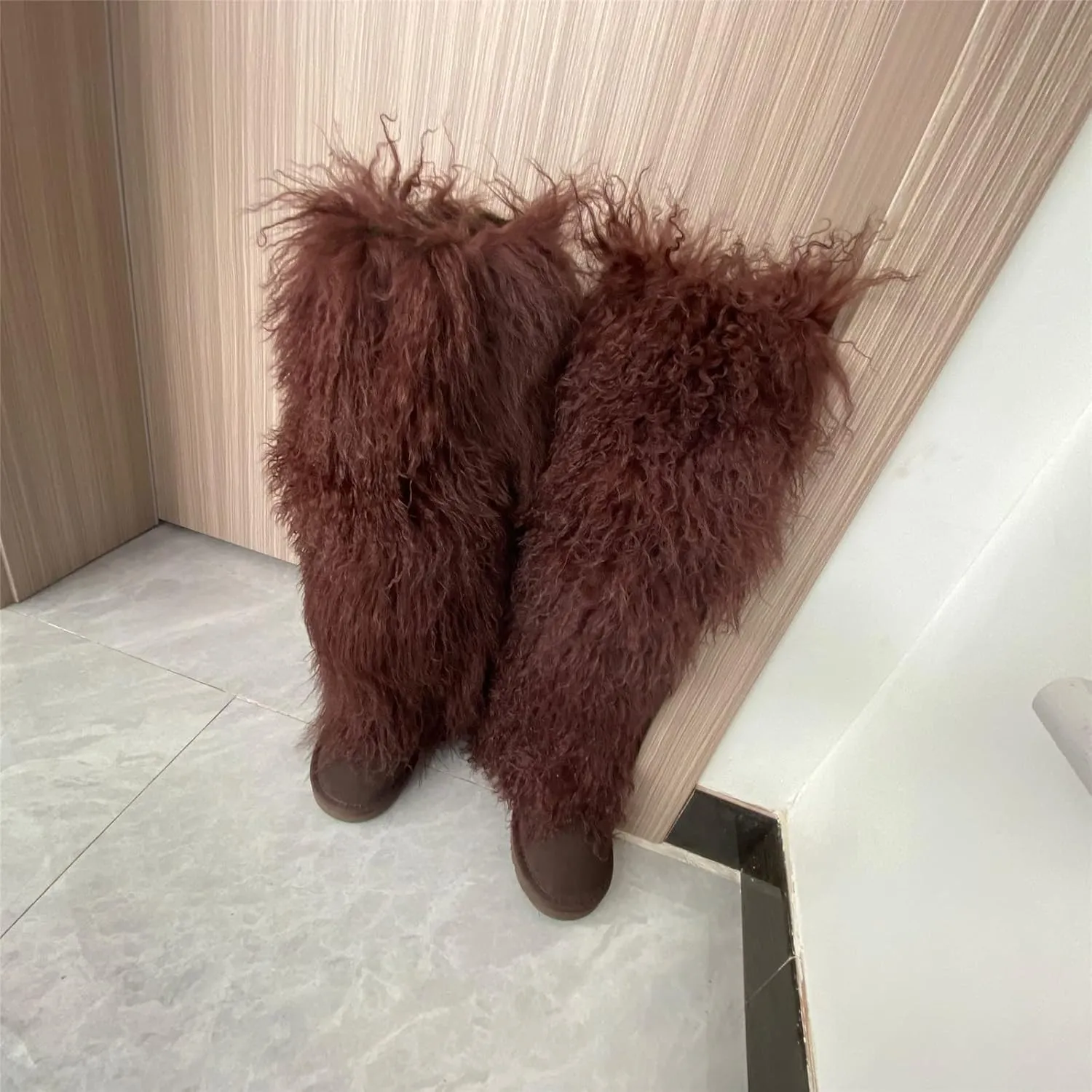 Women's Fluffy Real Mongolian Sheep Fur Boots Over Knee Boot With Wool Lining Multiple Colors Snow Boots