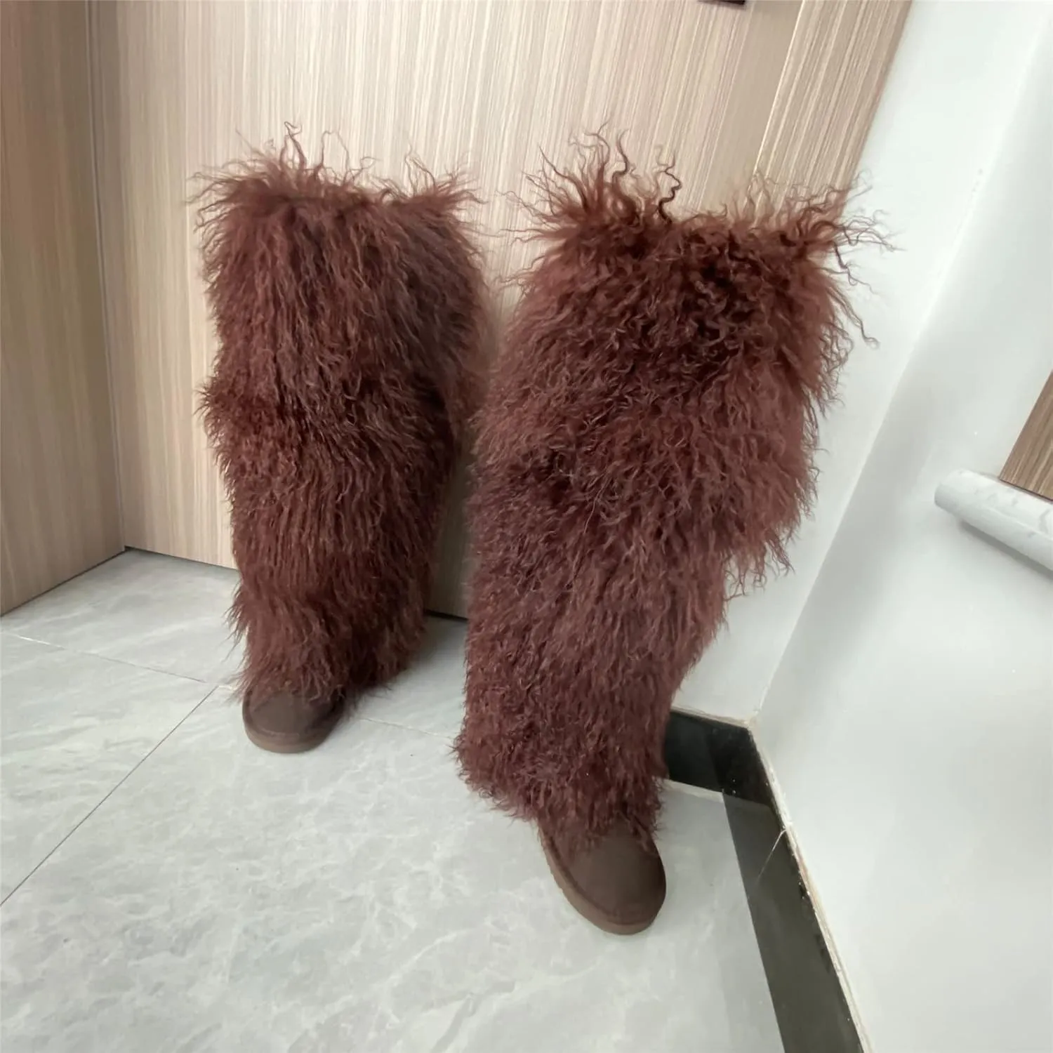 Women's Fluffy Real Mongolian Sheep Fur Boots Over Knee Boot With Wool Lining Multiple Colors Snow Boots