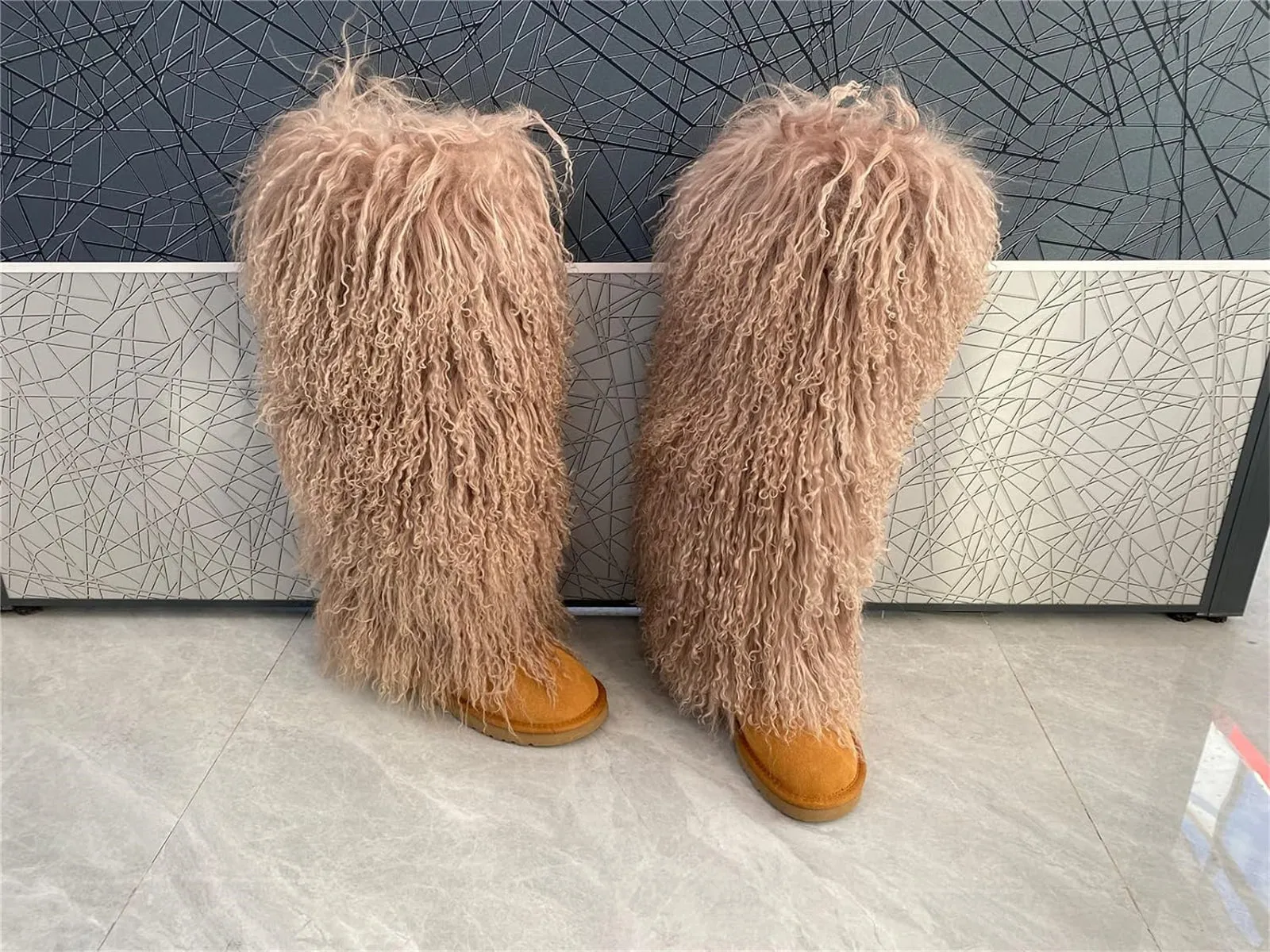 Women's Fluffy Real Mongolian Sheep Fur Boots Over Knee Boot With Wool Lining Multiple Colors Snow Boots