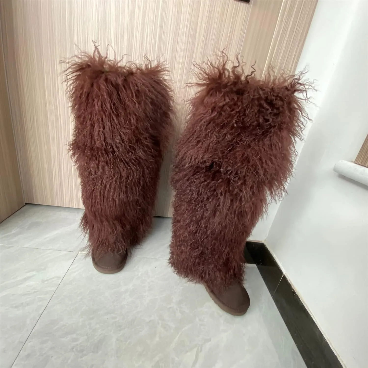 Women's Fluffy Real Mongolian Sheep Fur Boots Over Knee Boot With Wool Lining Multiple Colors Snow Boots