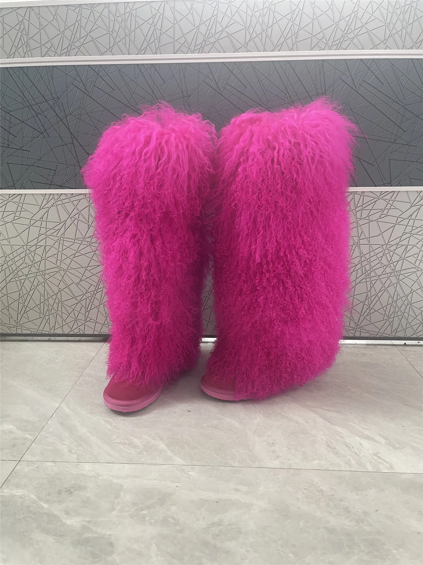 Women's Fluffy Real Mongolian Sheep Fur Boots Over Knee Boot With Wool Lining Multiple Colors Snow Boots