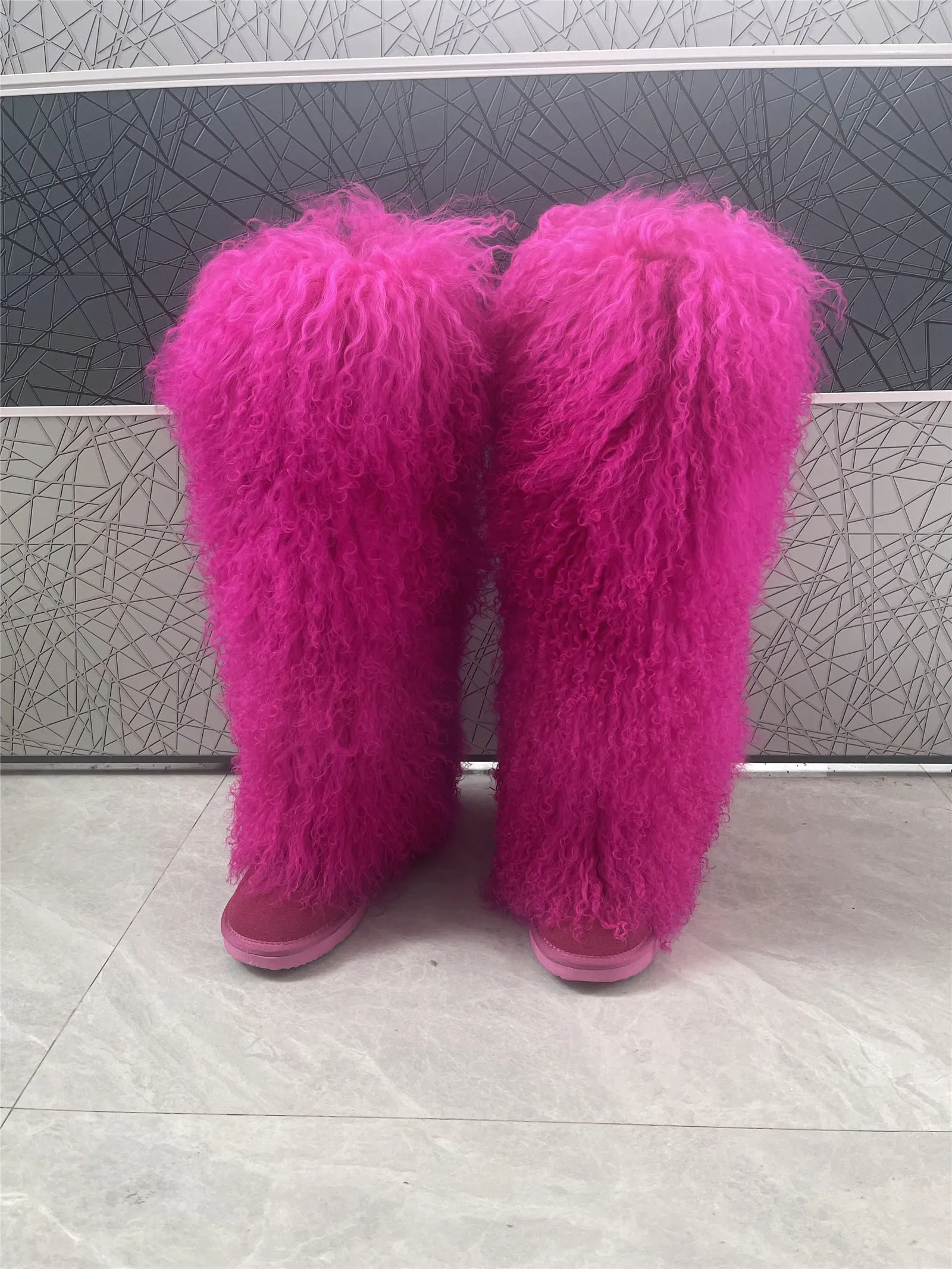 Women's Fluffy Real Mongolian Sheep Fur Boots Over Knee Boot With Wool Lining Multiple Colors Snow Boots