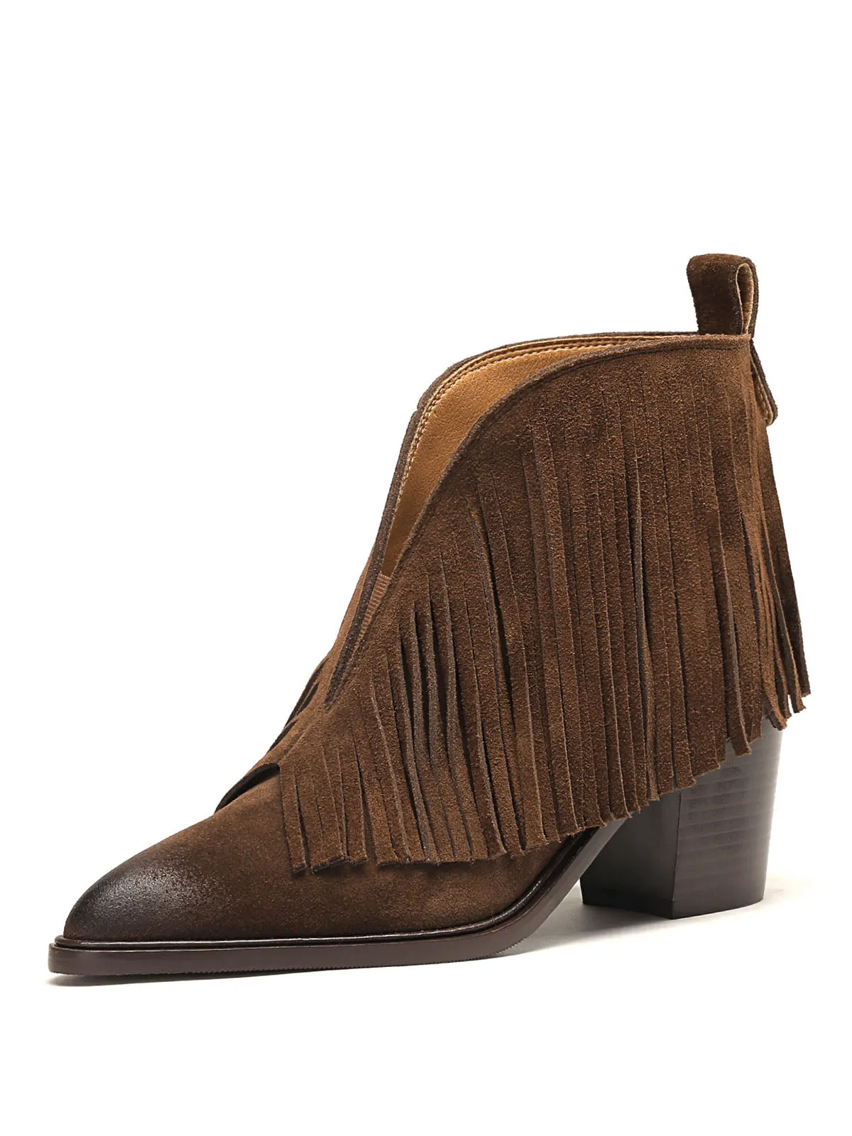 Women's Fringe Solid Color Chunky Heel Pointed Toe Leather Boho Boots