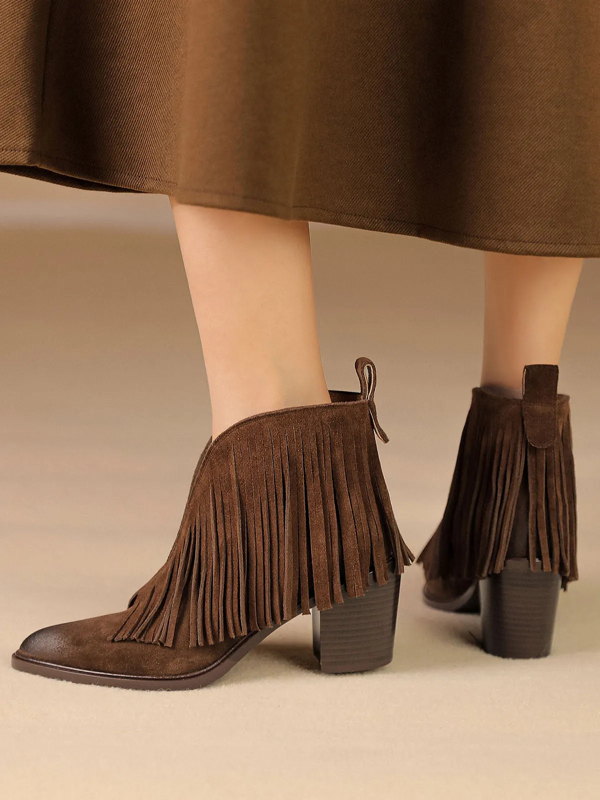 Women's Fringe Solid Color Chunky Heel Pointed Toe Leather Boho Boots